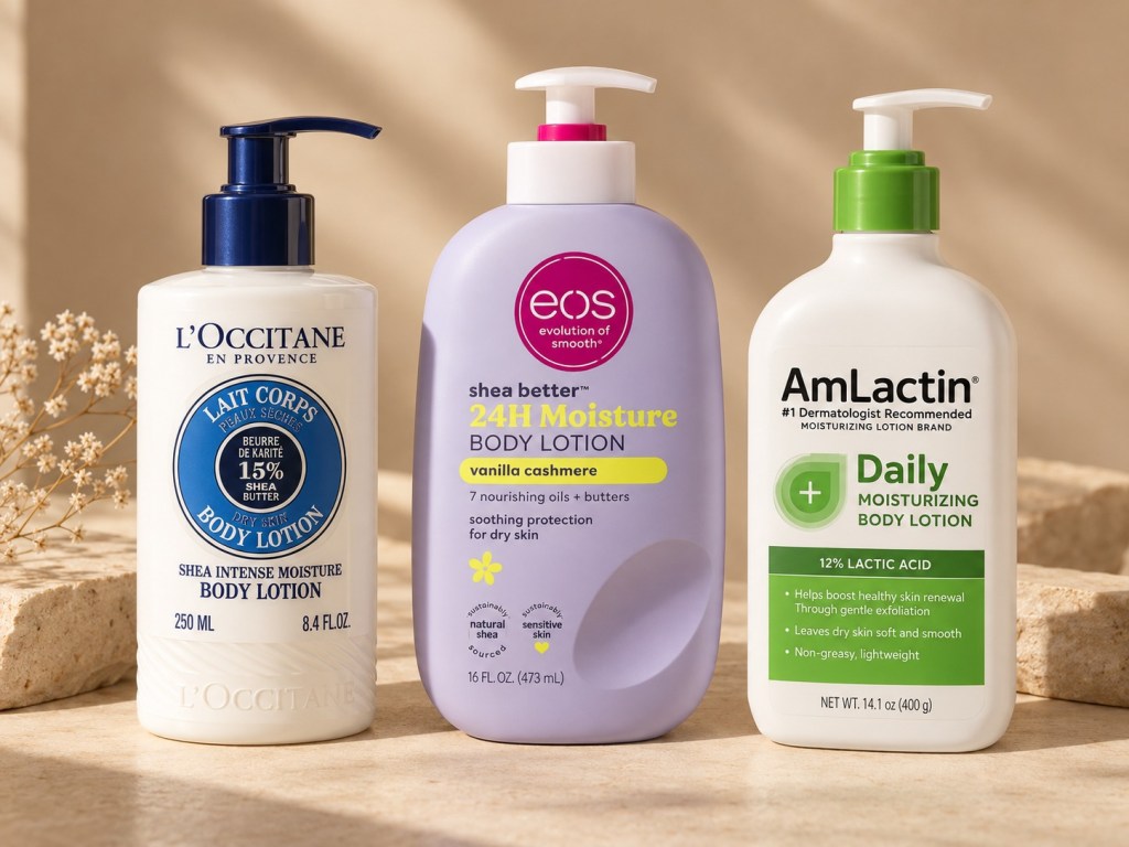 L’Occitane Shea Intense Moisture Body Lotion, eos Shea Better Vanilla Cashmere Body Lotion and AmLactin Daily Moisturizing Body Lotion standing side by side