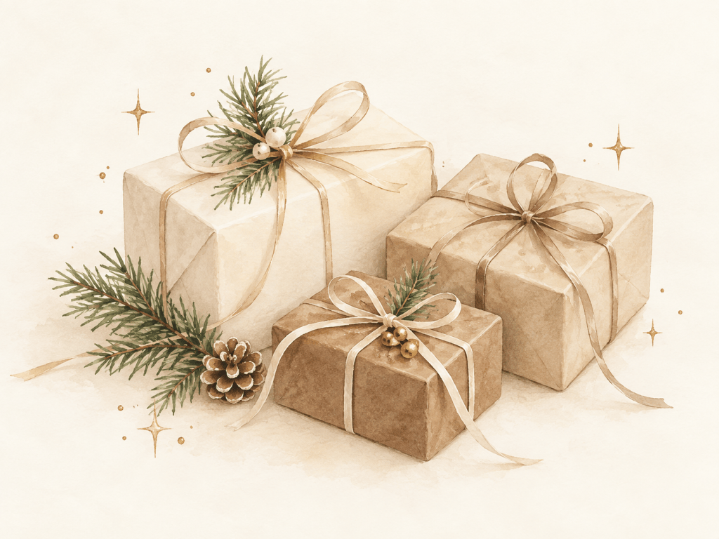Watercolor illustration of three wrapped gifts in cream, oat and kraft paper with ribbons and pine sprigs