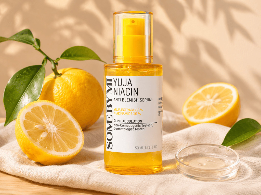SOME BY MI Yuja Niacin Anti Blemish Serum on a cream linen cloth surrounded by fresh yellow citrus fruits and a small dish of serum.